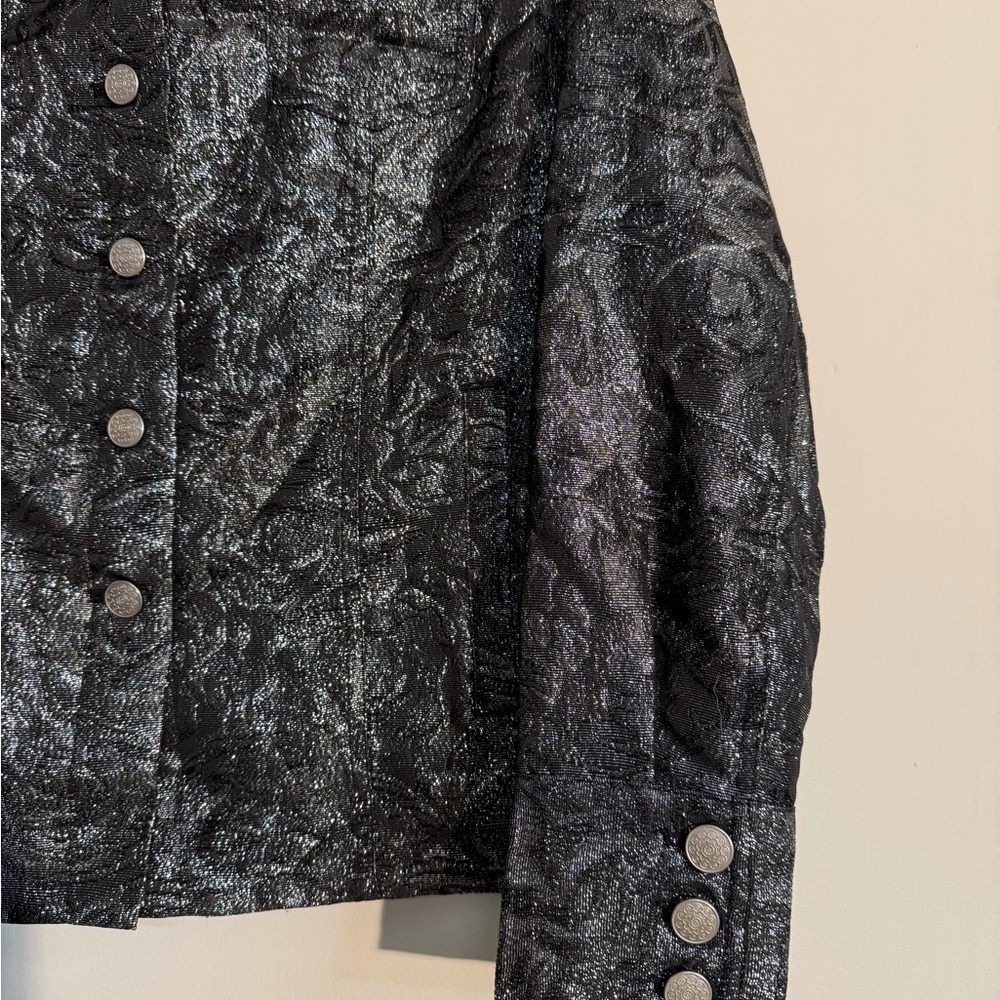 Laura Ashley Metallic Black Textured Button-Front Cropped Jacket Blazer - Small - Picture 2 of 5